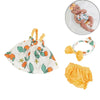 A set of adorable clothing for a baby doll including a floral top, skirt, and yellow bottoms, with a baby in the upper right 