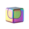 A colorful metal fidget spinner cube with a square shape and iridescent finish.