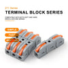 A set of 211 Series terminal block series lever wire connectors in gray and orange plastic.