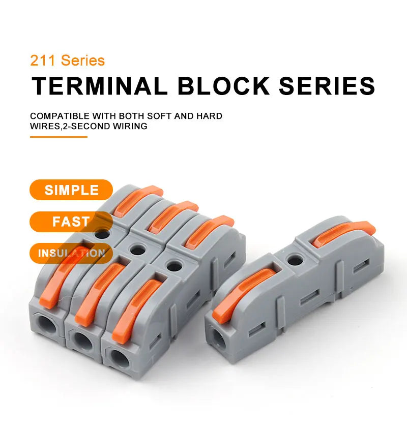 A set of 211 Series terminal block series lever wire connectors in gray and orange plastic.