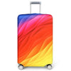A vibrant, colorful stretchable suitcase protector cover with a silver handle and wheels.