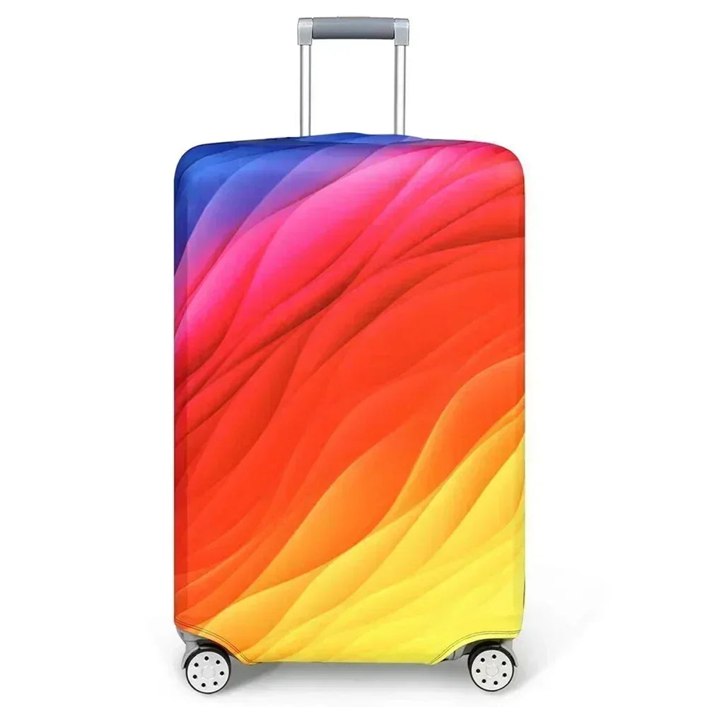 A vibrant, colorful stretchable suitcase protector cover with a silver handle and wheels.