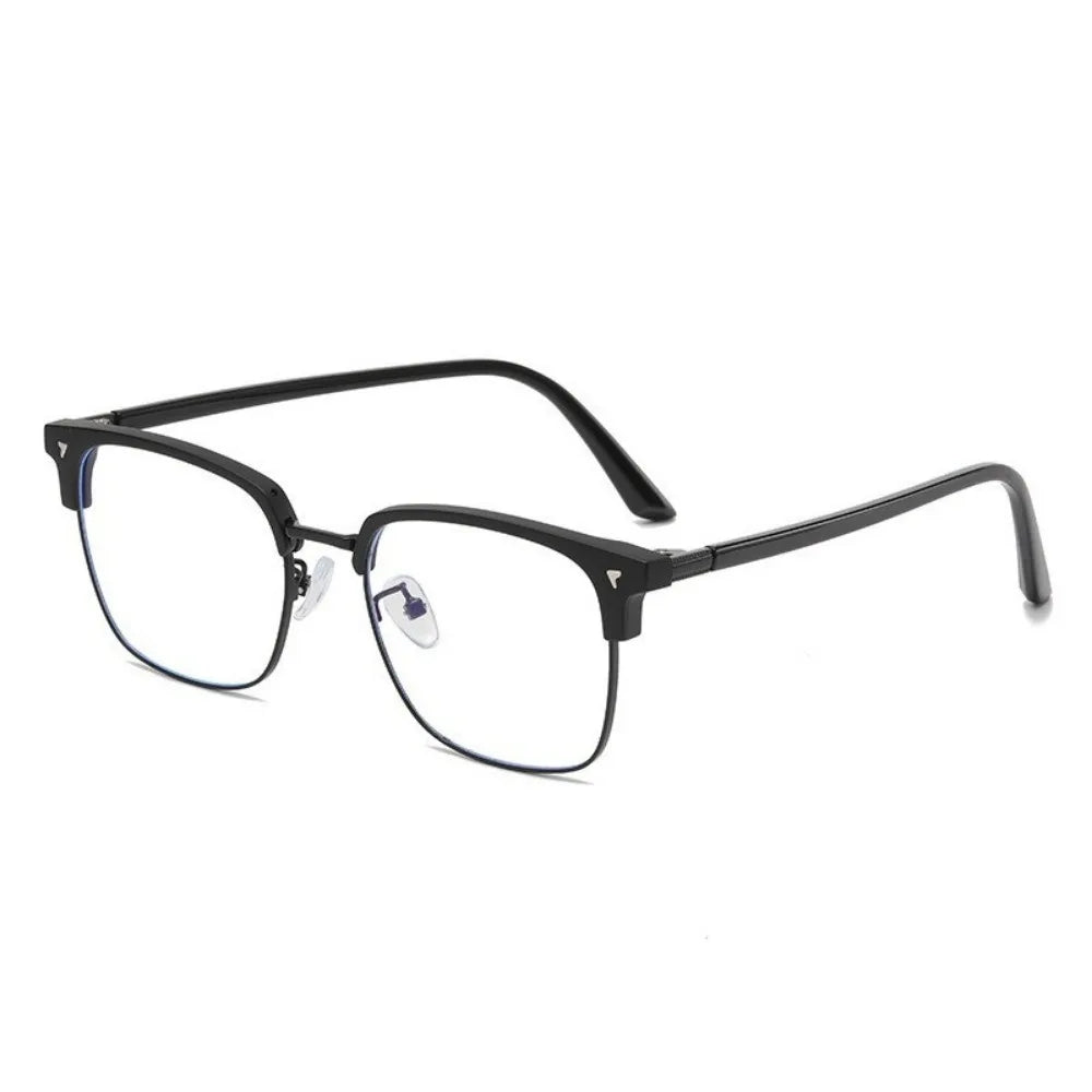 A pair of black photochromic blue light blocking glasses viewed from the front.