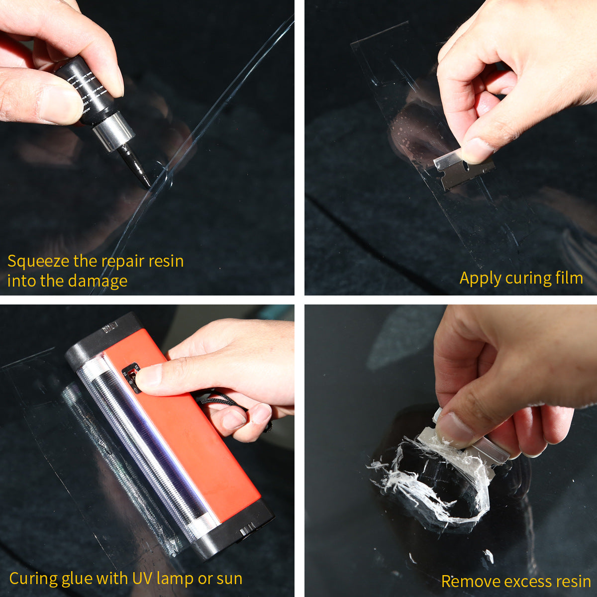 Step-by-step guide showing how to apply, cure, and remove excess repair resin on a windshield using a UV lamp.