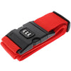 Red and black adjustable luggage strap with a combination lock feature