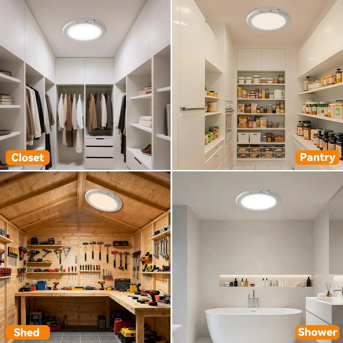 A white LED motion sensor ceiling light is installed in a closet, pantry, and shower area.