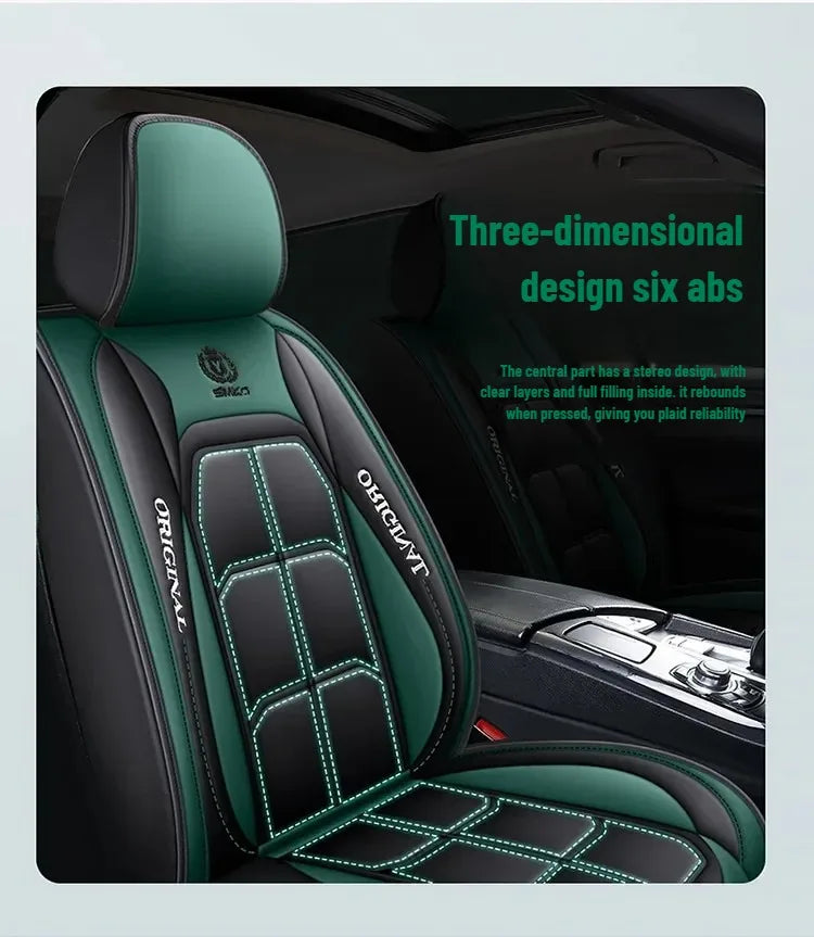 A close-up view of a dark green and black car seat cover featuring a three-dimensional design.