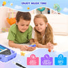 Two children are using Bluetooth headphones while interacting with a blue toy on a white rug.