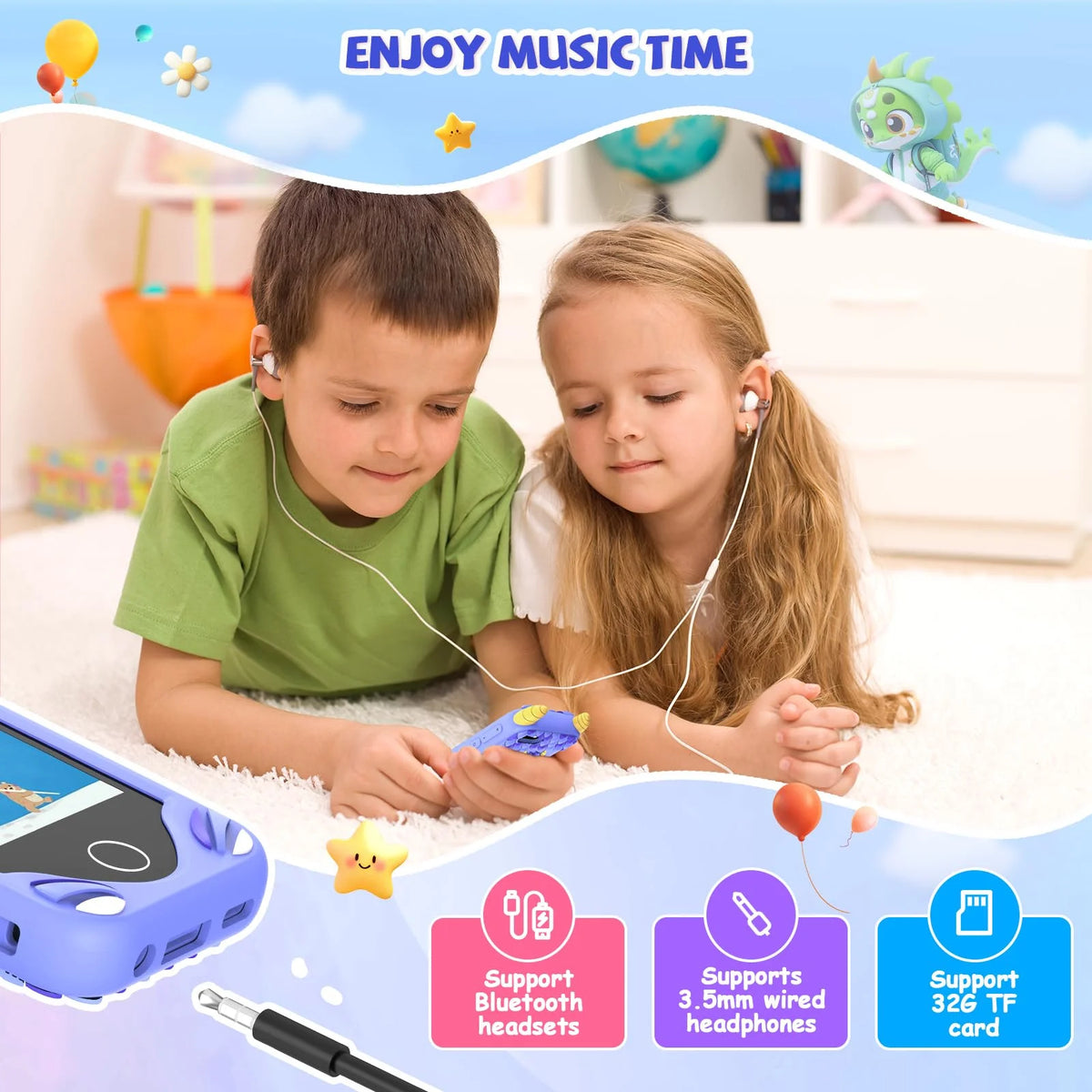 Two children are using Bluetooth headphones while interacting with a blue toy on a white rug.