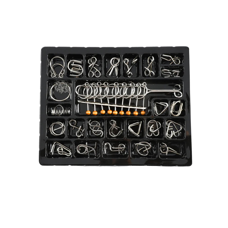 A black plastic puzzle set containing various metal wire puzzles and brain teasers.