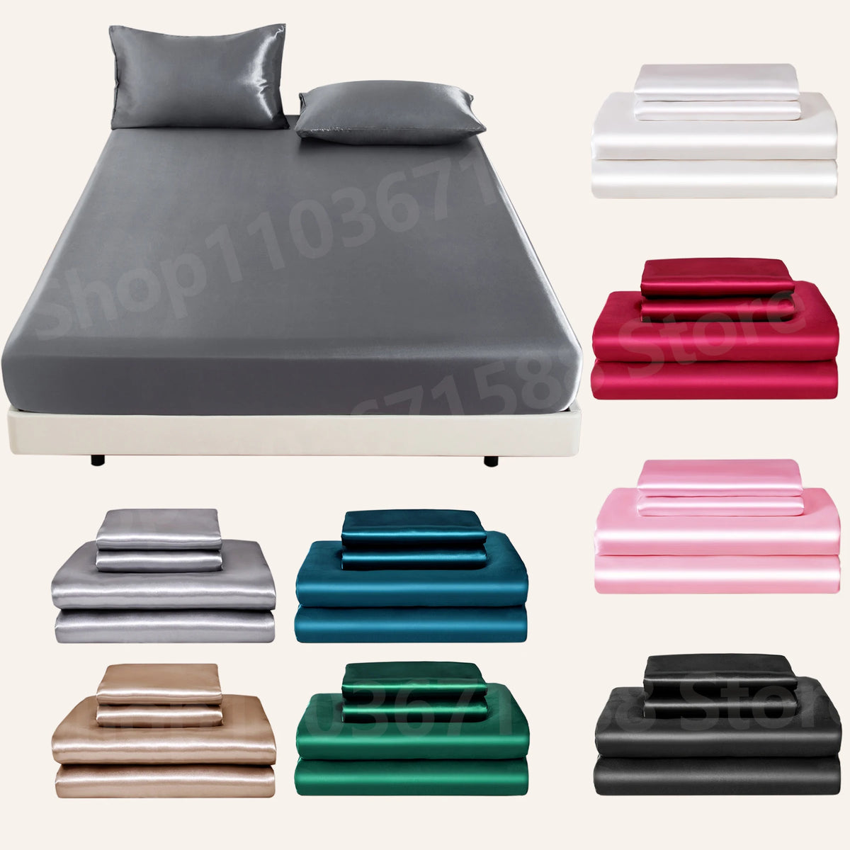 Ein Set aus drei Satin-Bett- und Kissenbezügen in verschiedenen Grautönen, Rot, Pink, Blau und Grün.