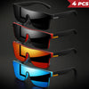 Four pairs of classic square sports sunglasses in black, red, orange, and blue colors displayed against a dark background.