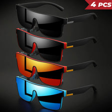 Four pairs of classic square sports sunglasses in black, red, orange, and blue colors displayed against a dark background.