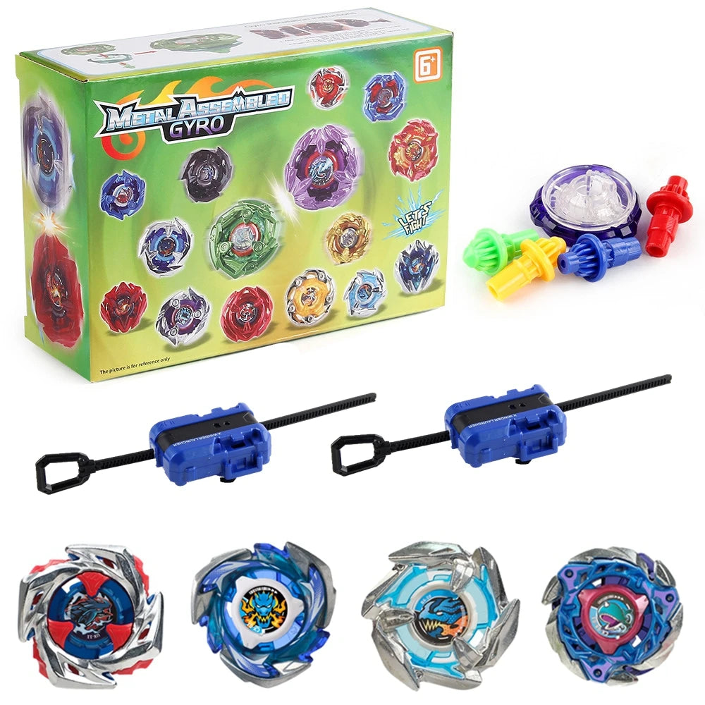 Metal Assemble Gyro spinning top battle set with multiple colored tops and launchers
