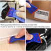 A blue and orange plastic scraper tool is shown removing a sticker from a cardboard box and cleaning a surface.