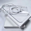 A clear magnetic case for an iPhone with MagSafe compatibility resting on a white box.