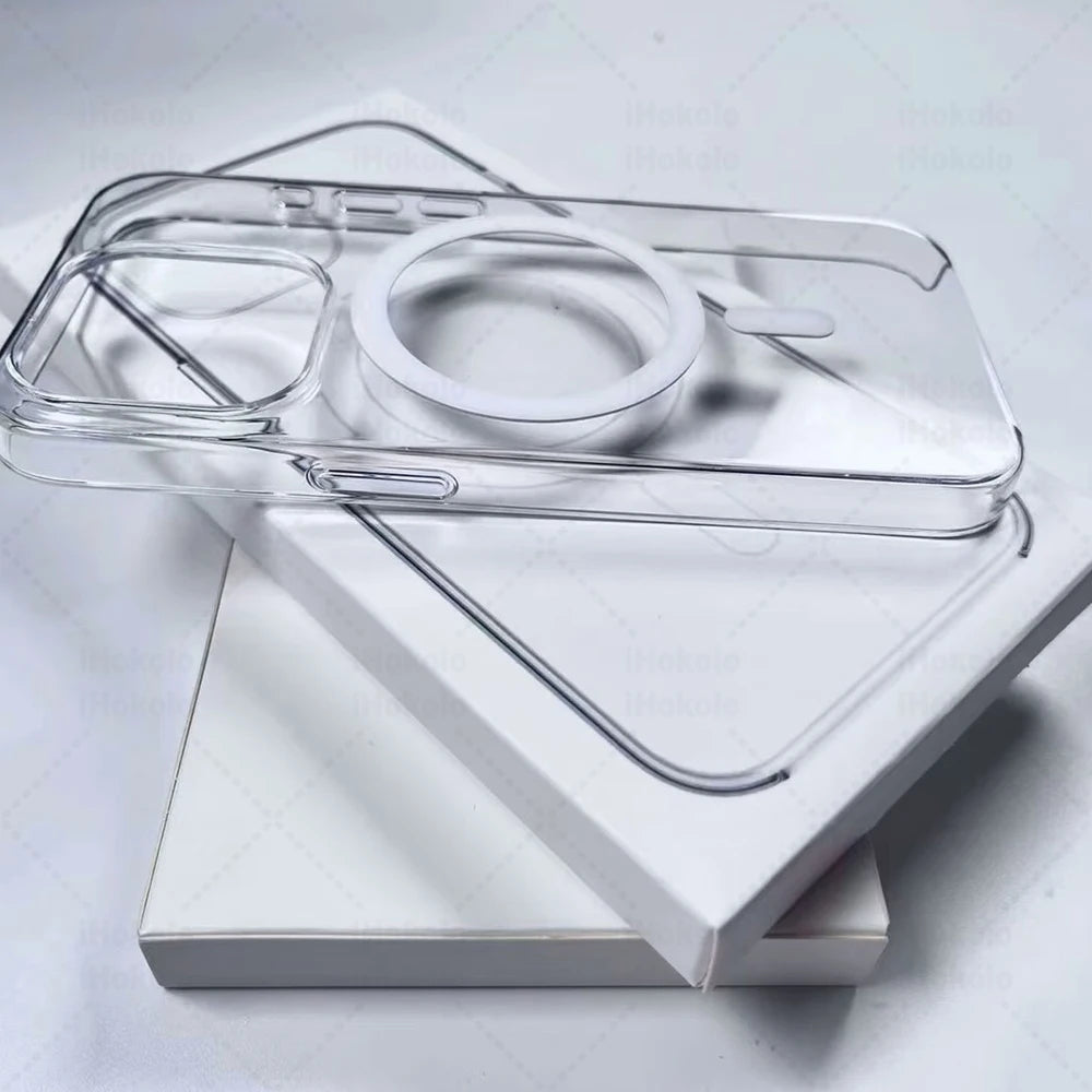 A clear magnetic case for an iPhone with MagSafe compatibility resting on a white box.