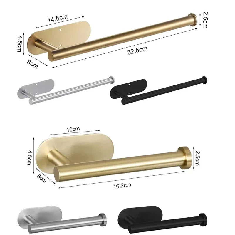 Various stainless steel and black wall-mounted paper towel holders shown with dimensions.
