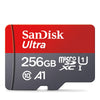A red and gray SanDisk Ultra microSD card with specifications like 256GB and A1 rating.