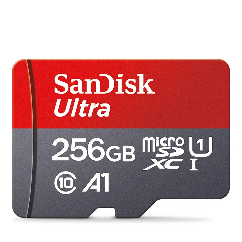 A red and gray SanDisk Ultra microSD card with specifications like 256GB and A1 rating.