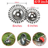 Two carbon steel wire trimmer heads, 8 inches and 6 inches, shown in detail.