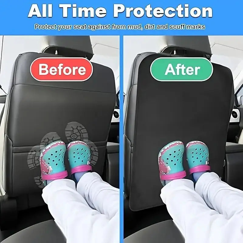 Before and after comparison showing waterproof car seat back kick protectors protecting the seat from mud and scuff marks