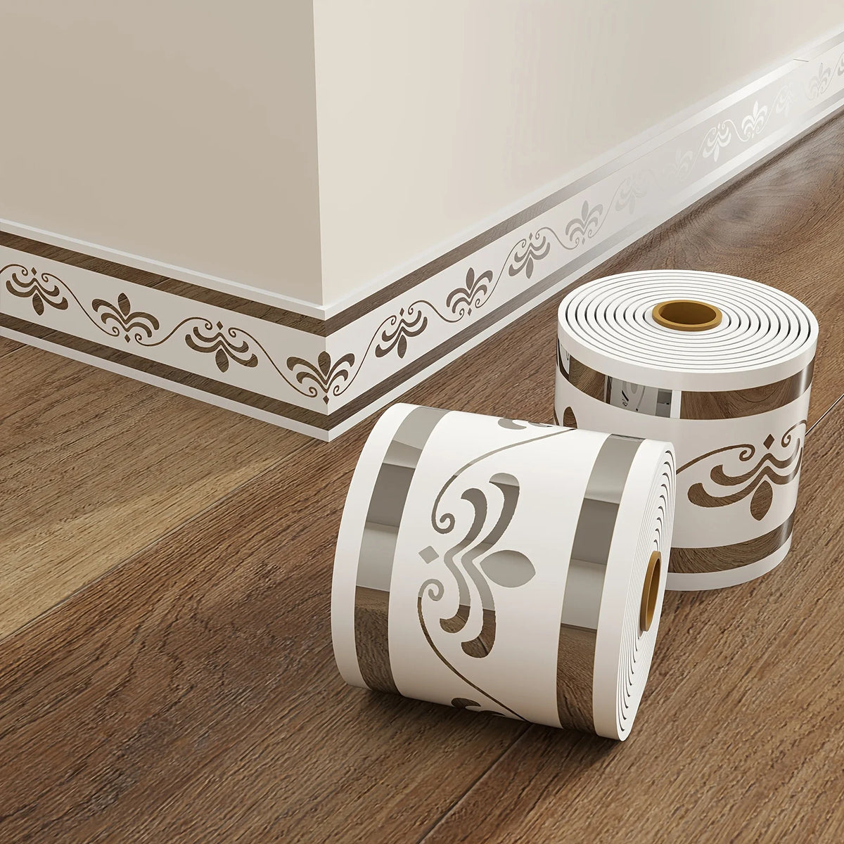 Roll of self-adhesive PVC wall trim for baseboards and door frames with decorative scroll pattern