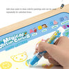 A hand draws colorful patterns on a water canvas mat using a brush with clean water and magic pens.