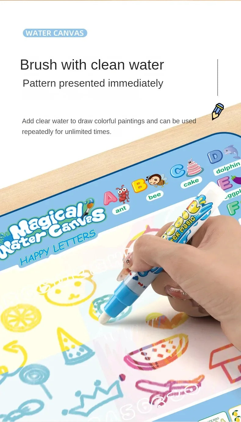 A hand draws colorful patterns on a water canvas mat using a brush with clean water and magic pens.