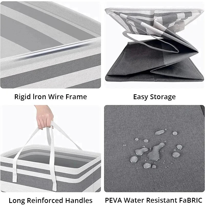 A large foldable canvas laundry basket featuring a rigid iron wire frame, easy storage, long reinforced handles, and PEVA wat