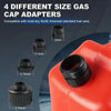 Four different size gas cap adapters for North American fuel cans shown with an orange fuel container.