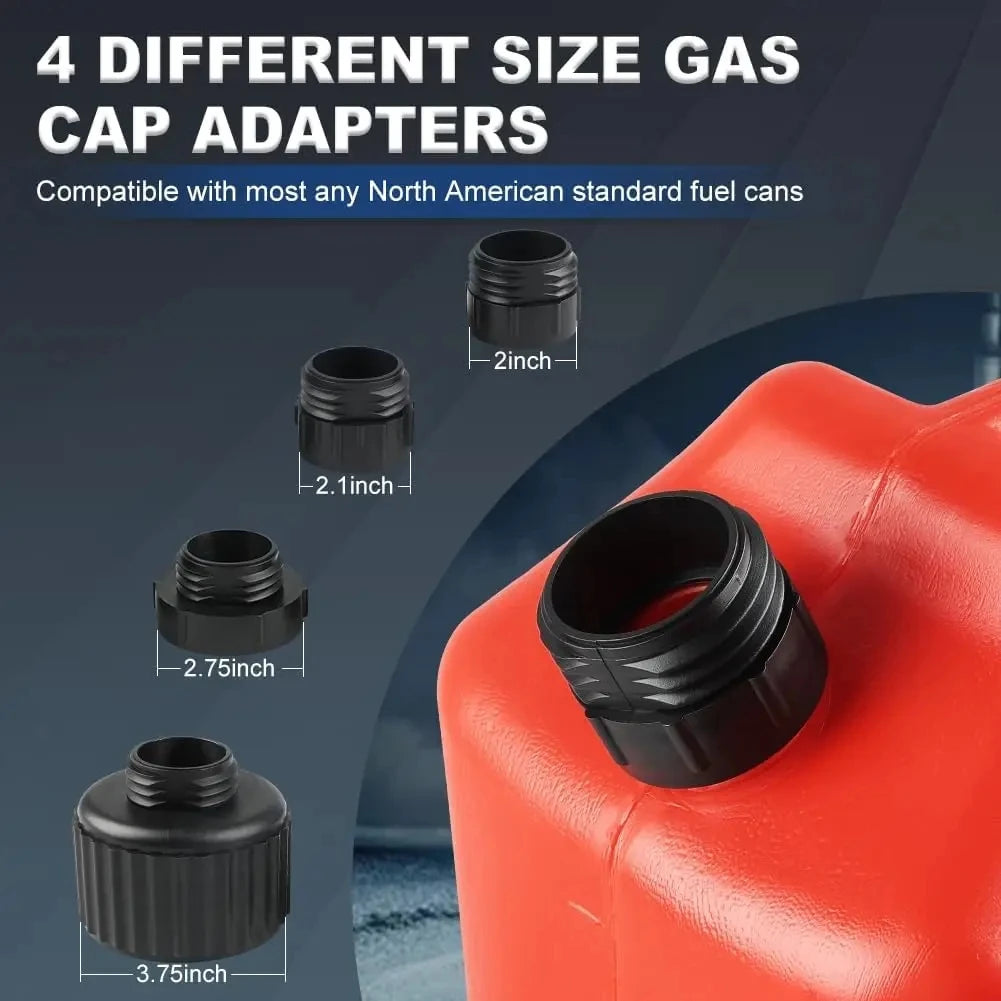 Four different size gas cap adapters for North American fuel cans shown with an orange fuel container.