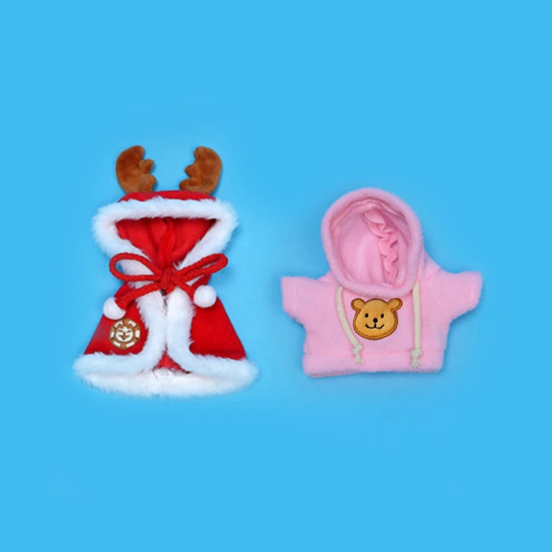 A red and white reindeer-themed outfit set featuring a hood with deer antlers and a pink hoodie.