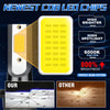 A yellow LED chip is shown next to a flashlight, highlighting features like high brightness and a perfect beam pattern.