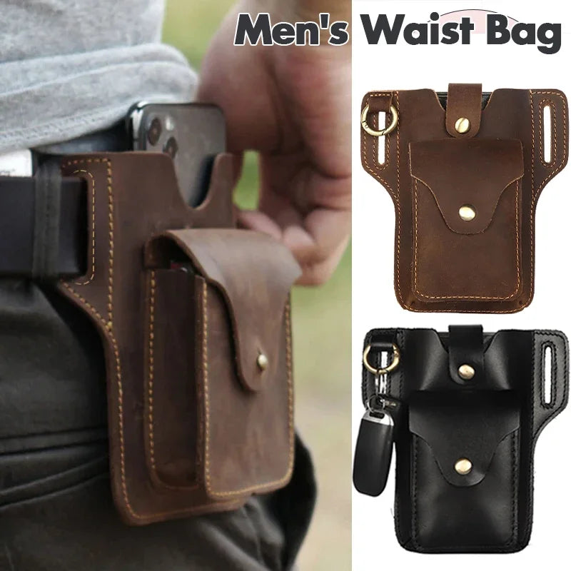 A brown genuine leather men's waist bag with multiple pockets shown in detail.