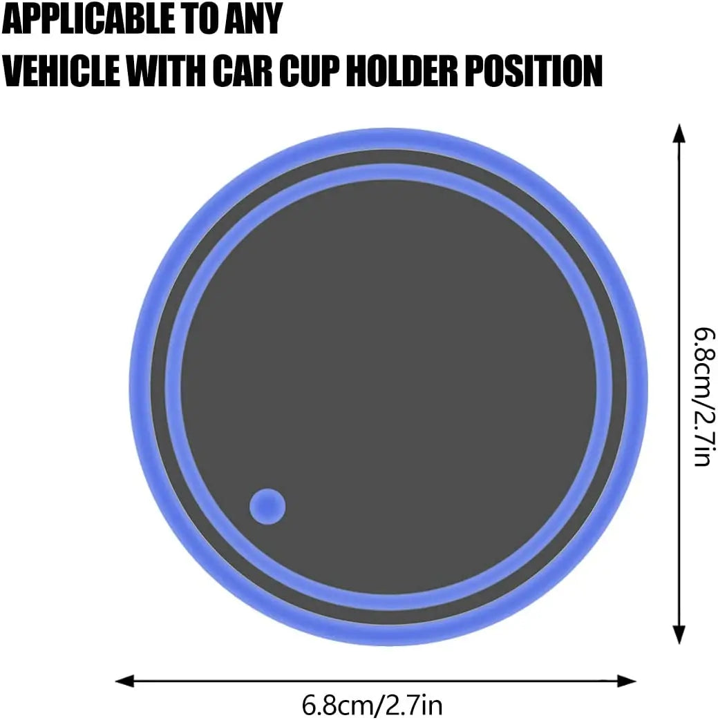 A circular LED light designed for a car cup holder position, shown with dimensions of 6.8cm/2.7in.