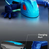 Blue remote control wall-climbing gecko toy with LED eyes and charging port shown in a close-up view.