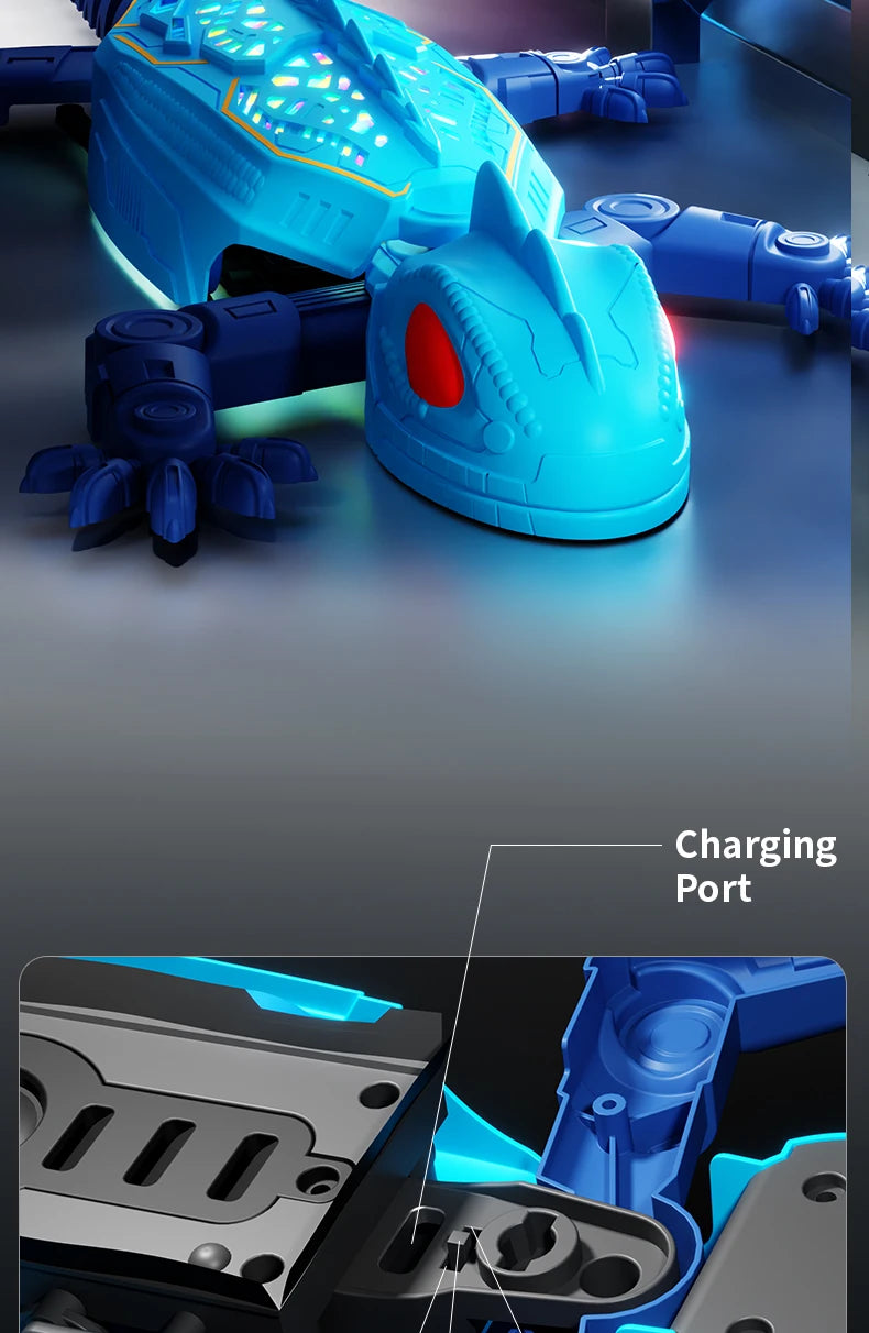 Blue remote control wall-climbing gecko toy with LED eyes and charging port shown in a close-up view.