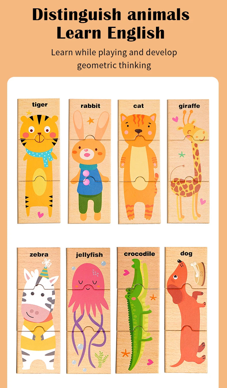 A set of wooden animal puzzles featuring a tiger, rabbit, cat, giraffe, zebra, jellyfish, crocodile, and dog for early learni