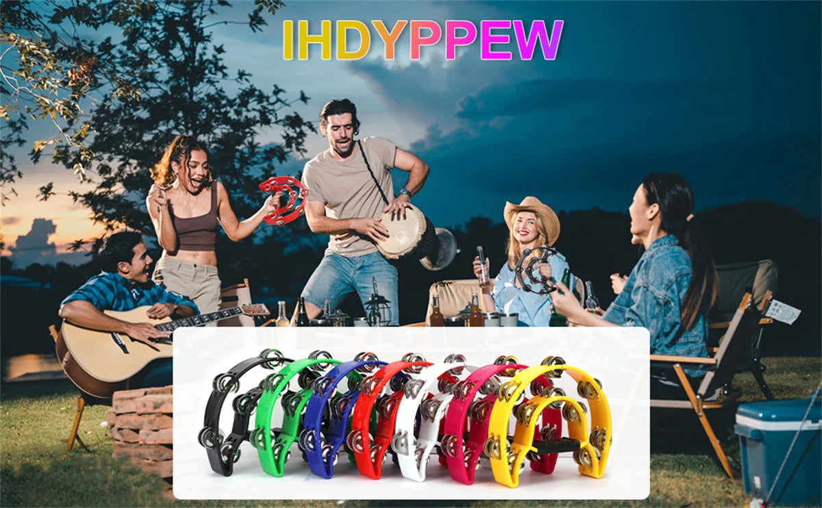 A variety of half-moon tambourines with double row metal jingles in various colors are displayed outdoors.