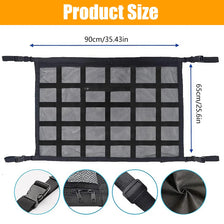 Black mesh car ceiling cargo net for overhead storage organizer showing various product views