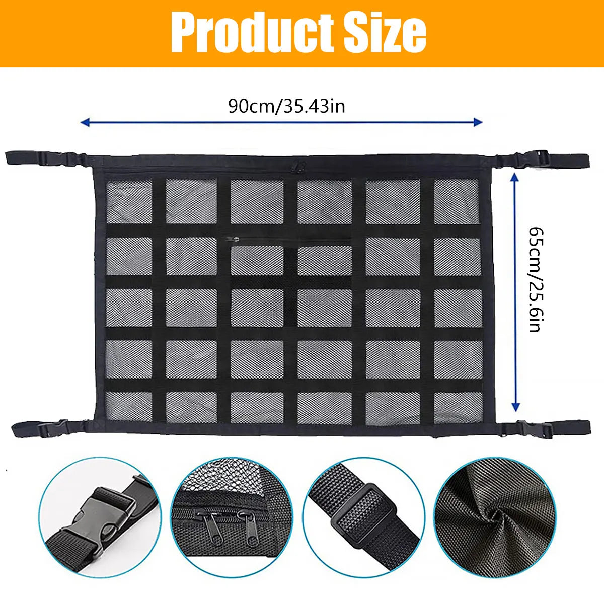 Black mesh car ceiling cargo net for overhead storage organizer showing various product views