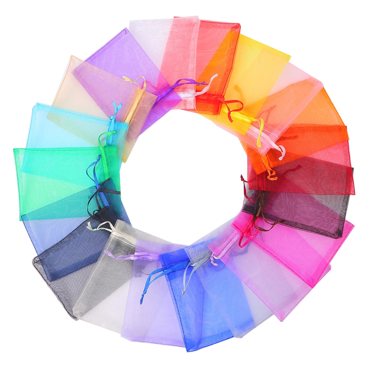 A circular display of assorted organza drawstring gift bags in various bright and pastel colors.