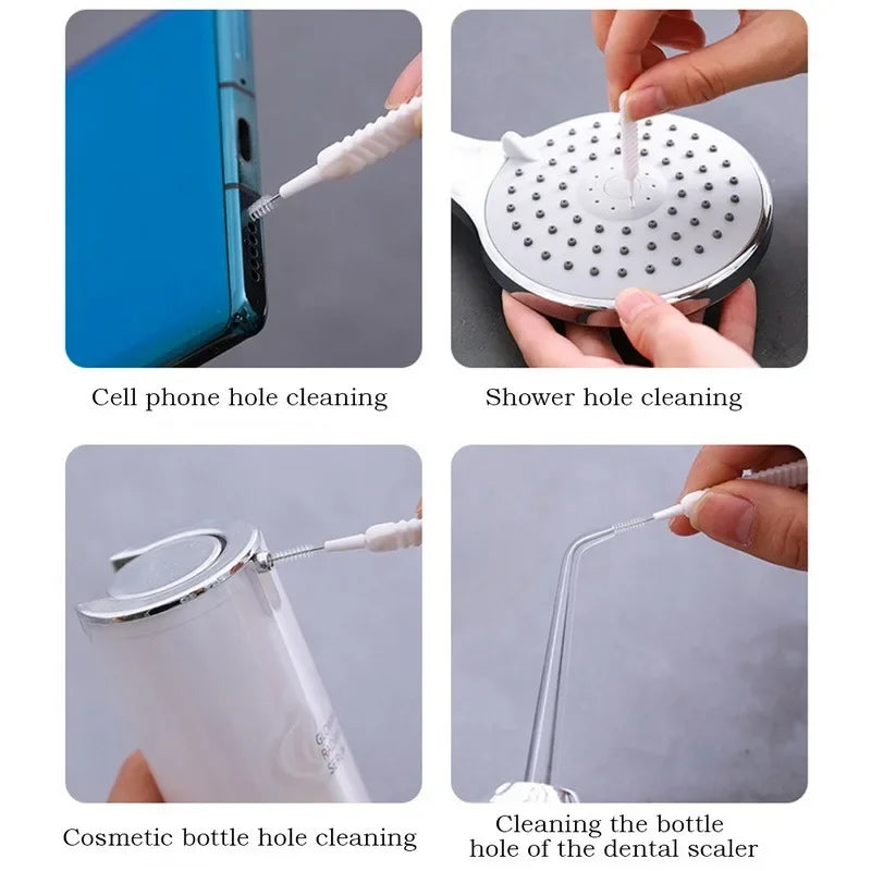 A set of cleaning brushes and nozzles used for cell phone, shower, and cosmetic bottle holes.