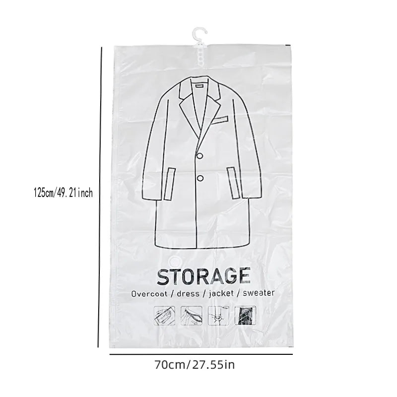 White hanging vacuum storage bag with a shirt outline and various clothing items listed below