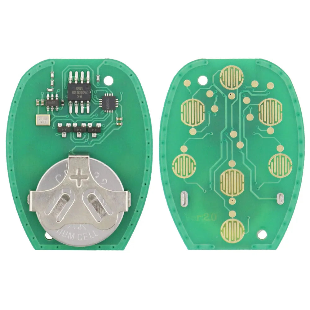 A green electronic circuit board with a silver key fob attached, used as a replacement remote key for select GM vehicles.