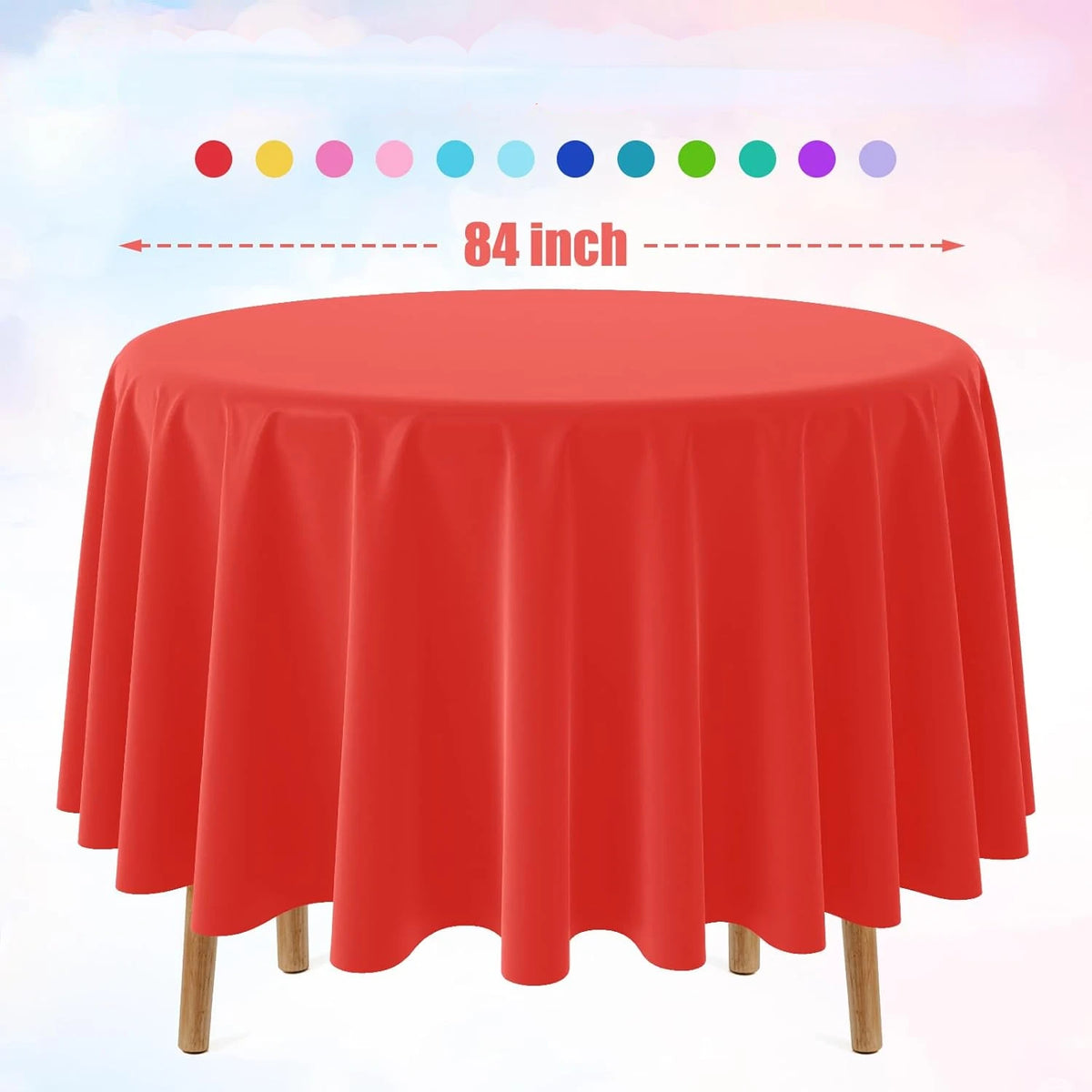 A vibrant red disposable round tablecloth displayed on a wooden table.