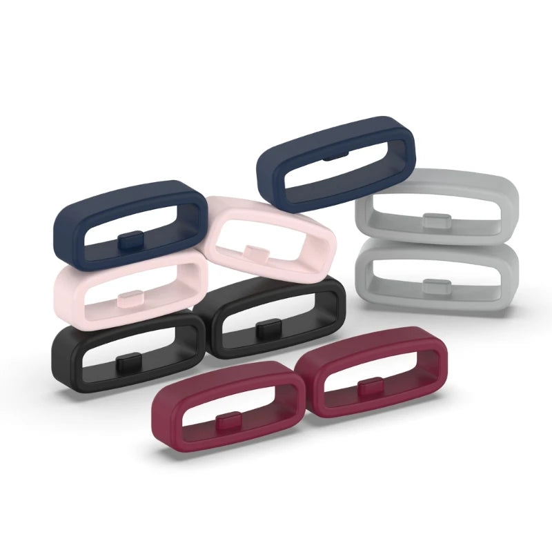 A set of ten silicone watch strap retainers in various shades of blue, pink, and gray.