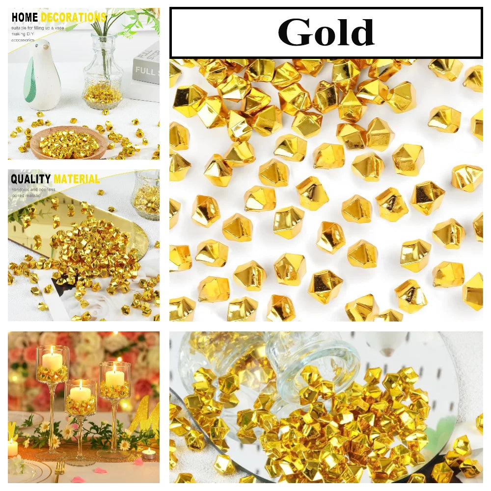 A collection of shiny gold acrylic crushed ice gems used for vase fillers and decor.