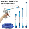 An airless sprayer extension rod with a threaded body and a blue handle is shown next to a coiled blue hose.